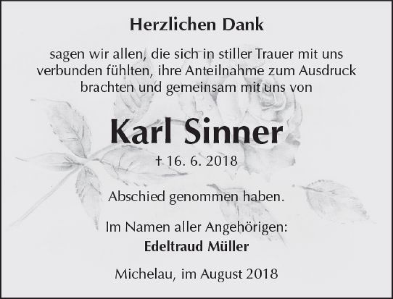  Traueranzeige für Karl Sinner vom 04.08.2018 aus  Kreisanzeiger