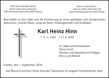 Traueranzeige von Karl Heinz Hinn von  Gießener Anzeiger