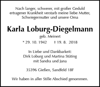 Traueranzeige von Karla Loburg-Diegelmann von  Gießener Anzeiger