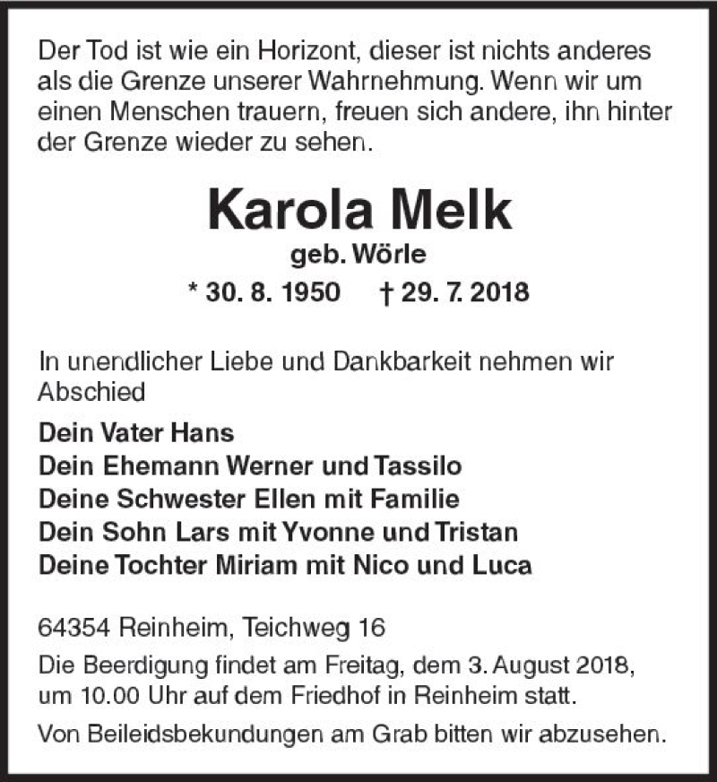  Traueranzeige für Karola Melk vom 01.08.2018 aus vrm-trauer