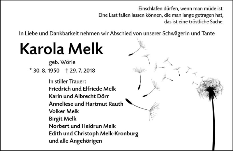  Traueranzeige für Karola Melk vom 02.08.2018 aus vrm-trauer