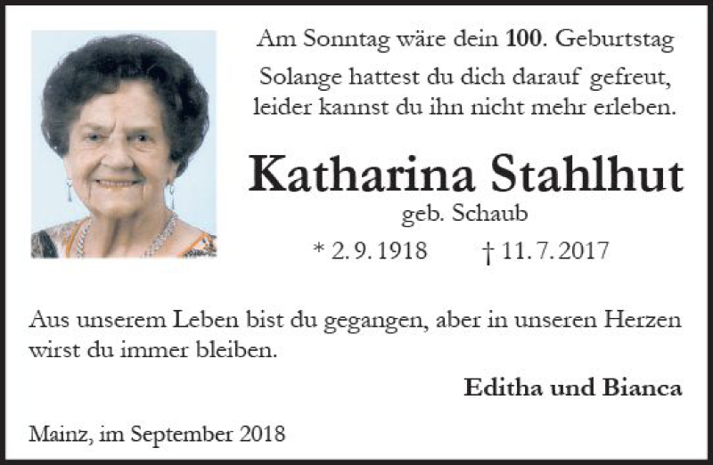  Traueranzeige für Katharina Stahlhut vom 01.09.2018 aus vrm-trauer