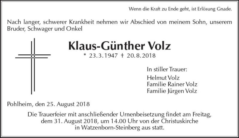  Traueranzeige für Klaus-Günther Volz vom 25.08.2018 aus  Gießener Anzeiger