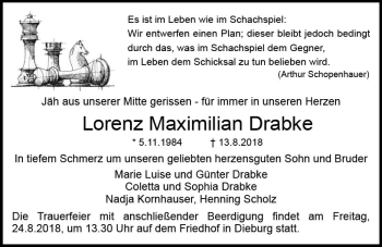 Traueranzeige von Lorenz Maximilian Drabke von vrm-trauer