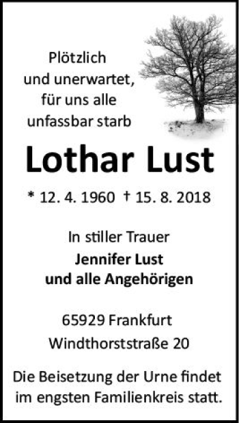 Traueranzeige von Lothar Lust von vrm-trauer