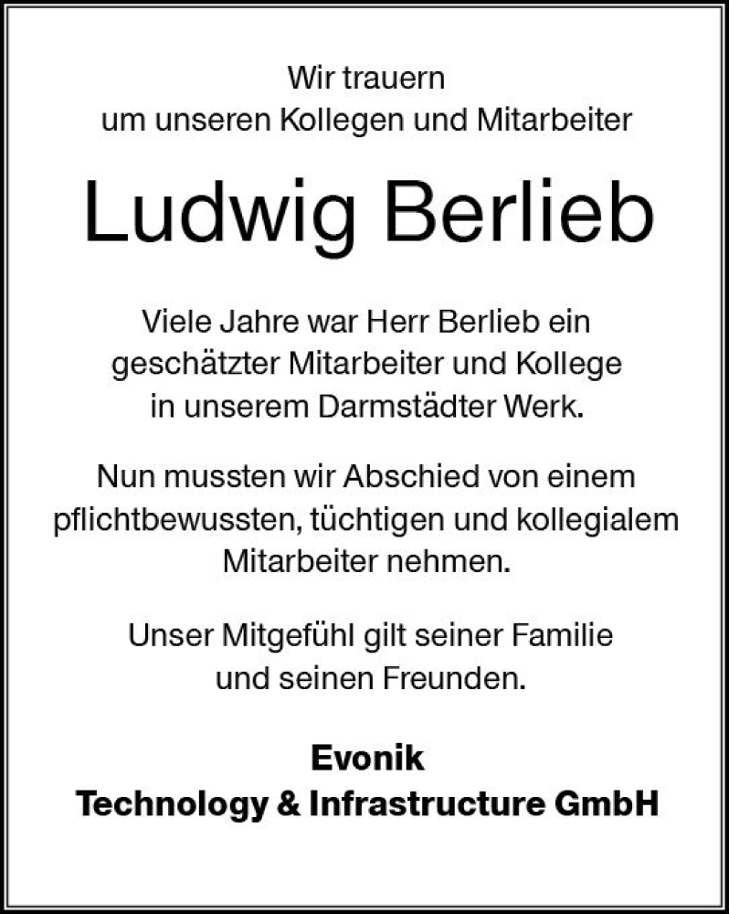 Traueranzeige für Ludwig Berlieb vom 25.08.2018 aus vrm-trauer