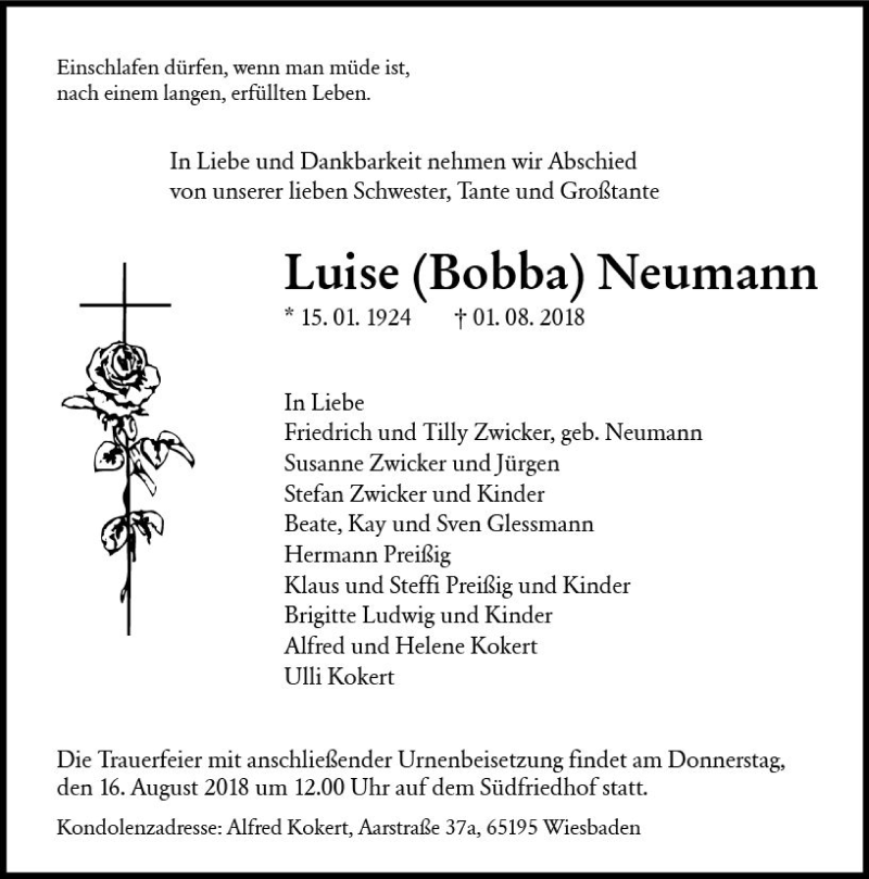  Traueranzeige für Luise  Neumann vom 11.08.2018 aus vrm-trauer