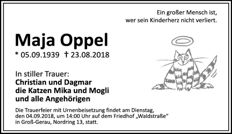  Traueranzeige für Maja Oppel vom 29.08.2018 aus vrm-trauer