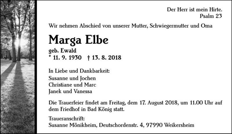  Traueranzeige für Marga Elbe vom 16.08.2018 aus vrm-trauer