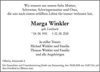 Traueranzeige von Marga Winkler von vrm-trauer