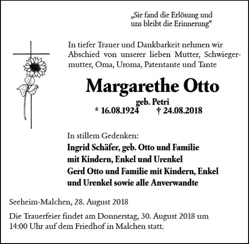  Traueranzeige für Margarete Otto vom 28.08.2018 aus vrm-trauer