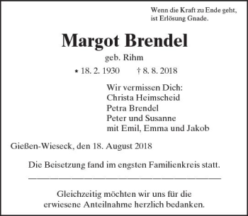 Traueranzeige von Margot Brendel von  Gießener Anzeiger