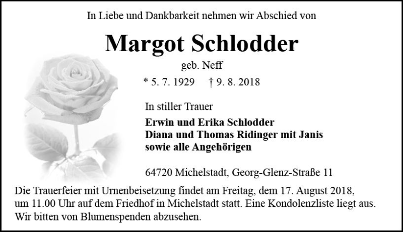  Traueranzeige für Margot Schlodder vom 11.08.2018 aus vrm-trauer