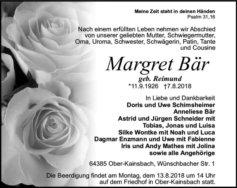  Traueranzeige für Margret Bär vom 11.08.2018 aus vrm-trauer