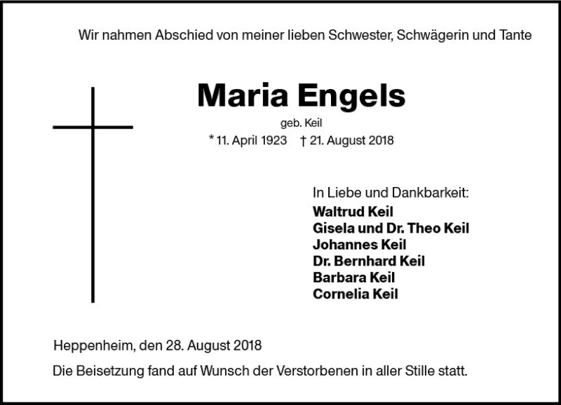  Traueranzeige für Maria Engels vom 28.08.2018 aus vrm-trauer