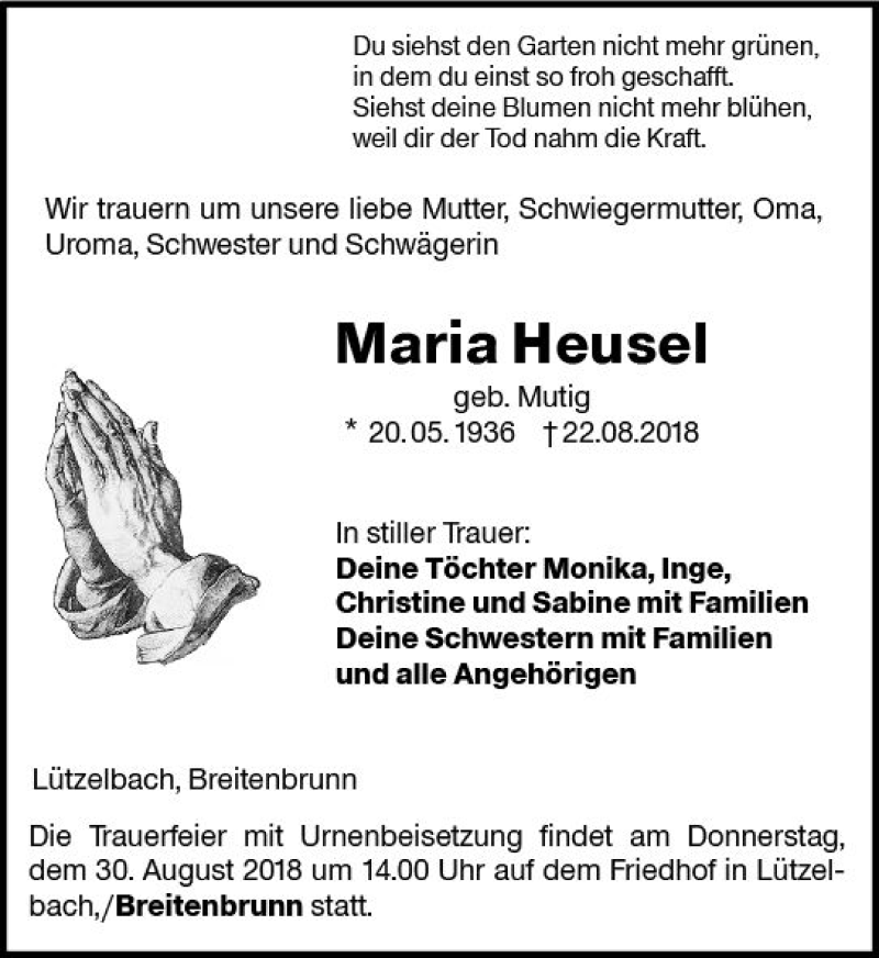  Traueranzeige für Maria Heusel vom 25.08.2018 aus vrm-trauer