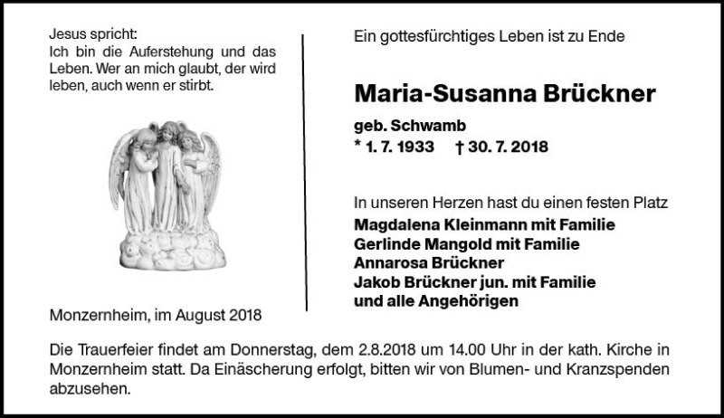  Traueranzeige für Maria-Susanna Brückner vom 01.08.2018 aus vrm-trauer