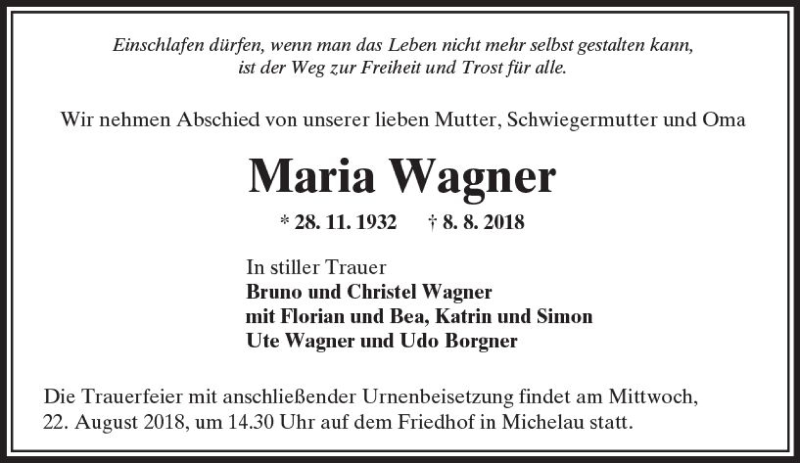  Traueranzeige für Maria Wagner vom 18.08.2018 aus  Kreisanzeiger