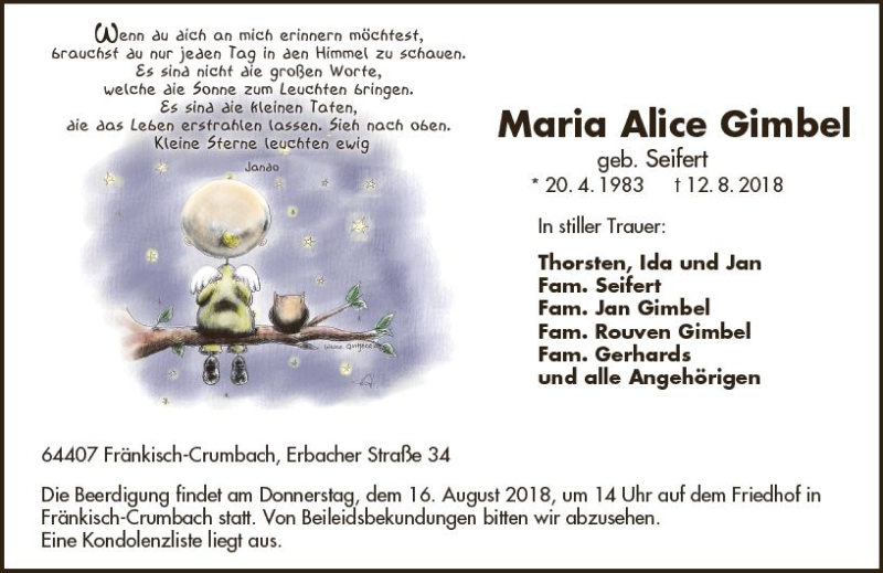  Traueranzeige für Maria Alice Gimbel vom 15.08.2018 aus vrm-trauer