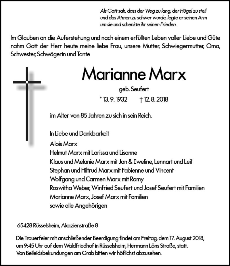  Traueranzeige für Marianne Marx vom 14.08.2018 aus vrm-trauer