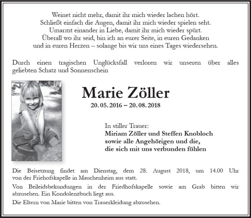  Traueranzeige für Marie Zöller vom 25.08.2018 aus vrm-trauer
