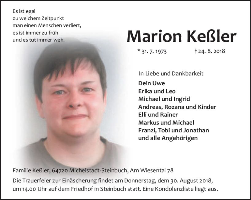  Traueranzeige für Marion Keßler vom 27.08.2018 aus vrm-trauer