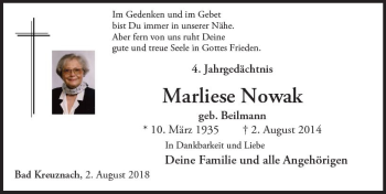 Traueranzeige von Marliese Nowak von vrm-trauer