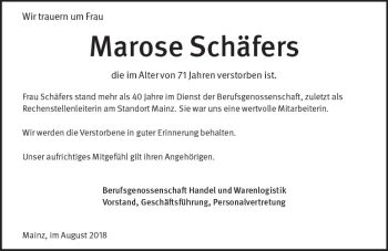 Traueranzeige von Marose Schäfers von vrm-trauer