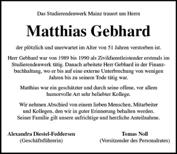 Traueranzeige von Matthias Gebhard von vrm-trauer