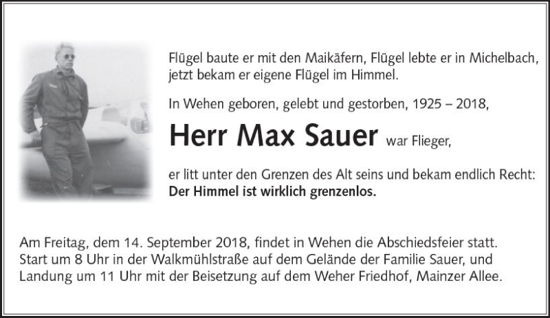  Traueranzeige für Max Sauer vom 18.08.2018 aus vrm-trauer