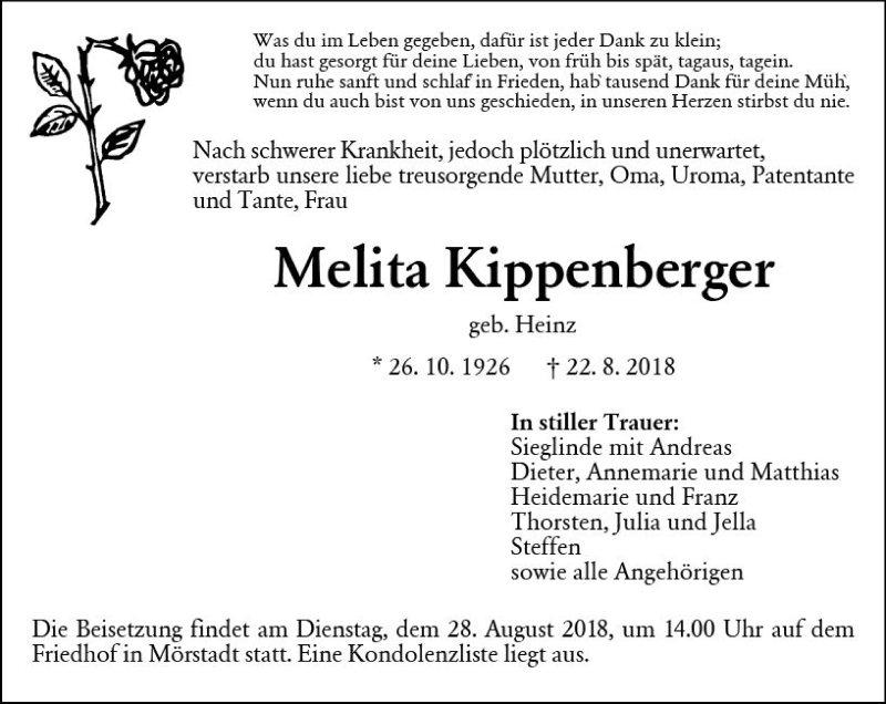  Traueranzeige für Melita Kippenberger vom 27.08.2018 aus vrm-trauer