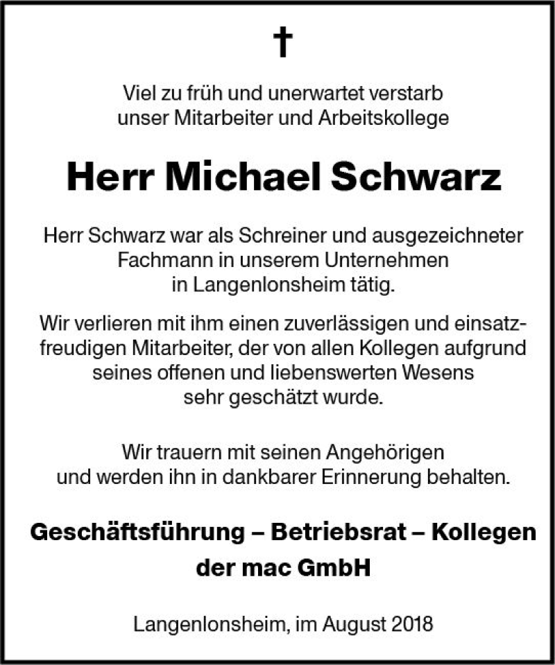  Traueranzeige für Michael Schwarz vom 15.08.2018 aus vrm-trauer