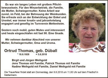 Traueranzeige von Ortrud Thomas von vrm-trauer