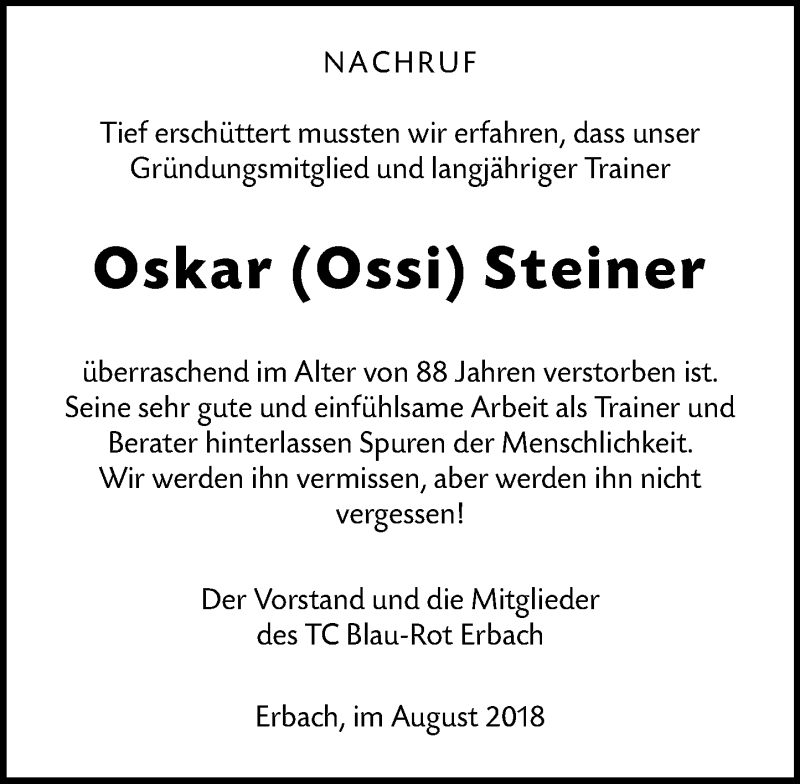  Traueranzeige für Oskar Steiner vom 17.08.2018 aus vrm-trauer