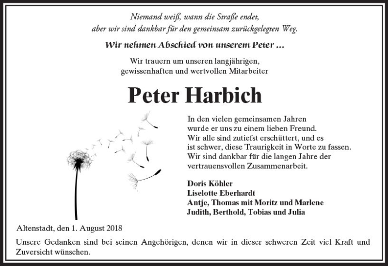  Traueranzeige für Peter Harbich vom 01.08.2018 aus  Kreisanzeiger