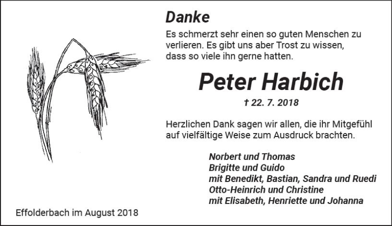  Traueranzeige für Peter Harbich vom 25.08.2018 aus  Kreisanzeiger
