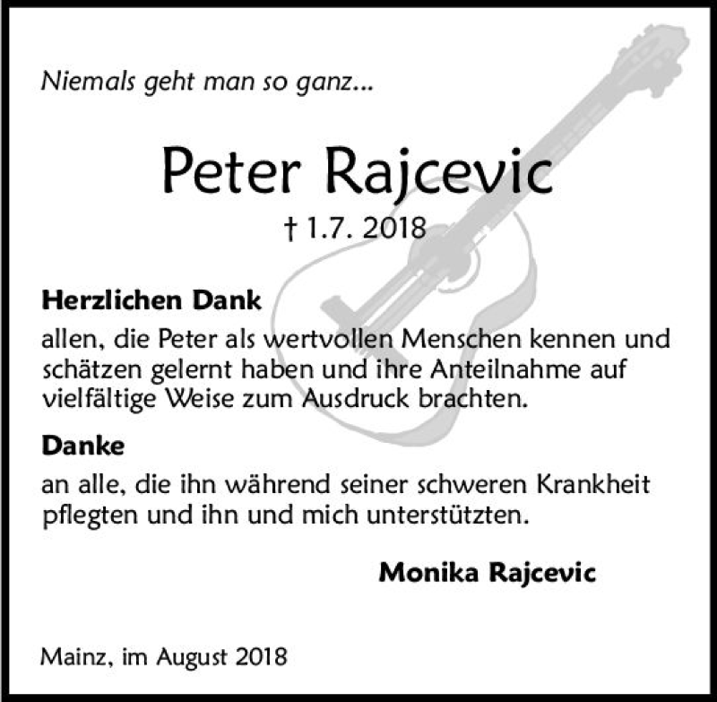  Traueranzeige für Peter Rajcev vom 11.08.2018 aus vrm-trauer