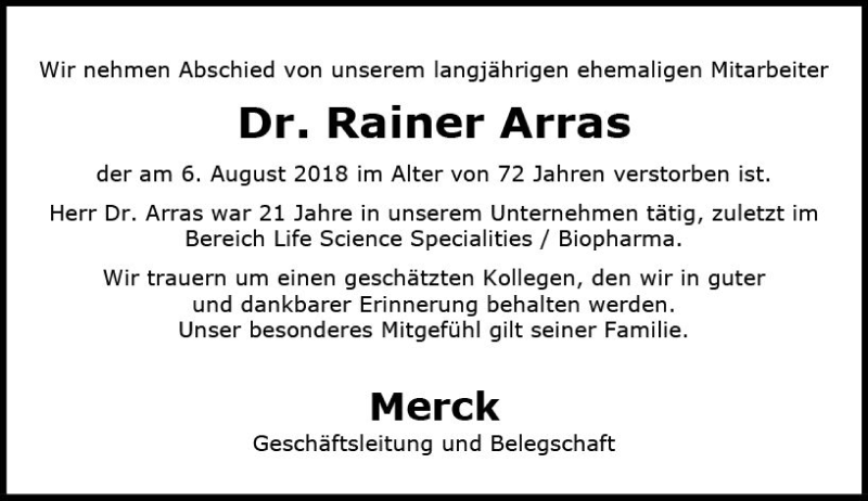  Traueranzeige für Rainer Arras vom 27.08.2018 aus vrm-trauer