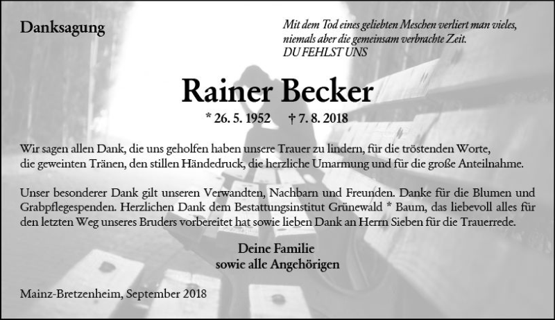  Traueranzeige für Rainer Becker vom 01.09.2018 aus vrm-trauer