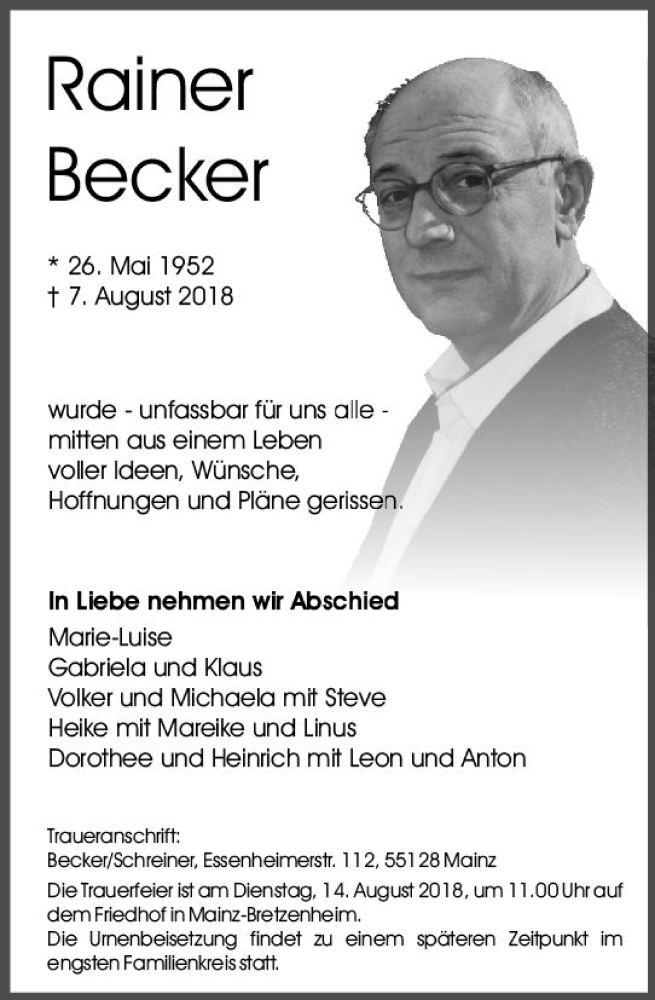  Traueranzeige für Rainer Becker vom 11.08.2018 aus vrm-trauer