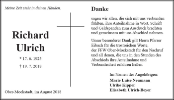 Traueranzeige von Richard Ulrich von  Kreisanzeiger