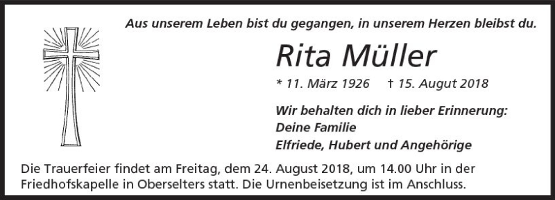  Traueranzeige für Rita Müller vom 23.08.2018 aus  Camberger Anzeiger