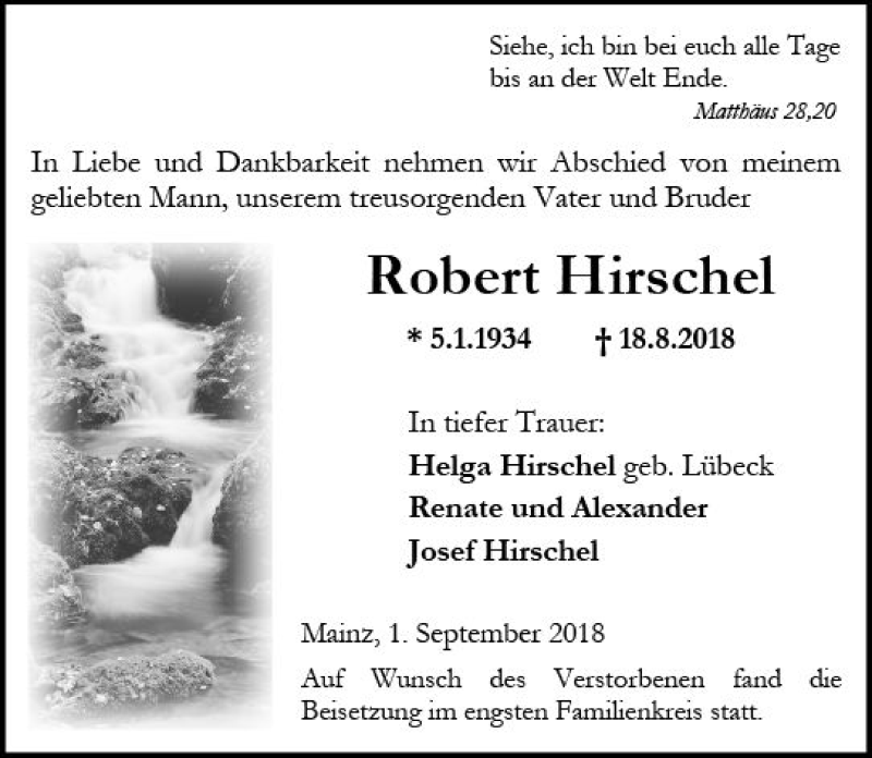  Traueranzeige für Robert Hirschel vom 01.09.2018 aus vrm-trauer