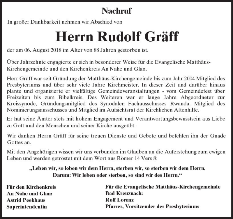  Traueranzeige für Rudolf Gräff vom 16.08.2018 aus vrm-trauer
