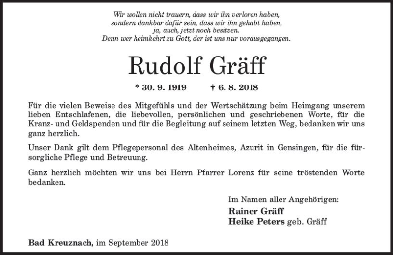  Traueranzeige für Rudolf Gräff vom 01.09.2018 aus vrm-trauer