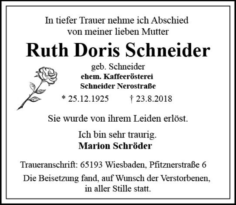  Traueranzeige für Ruth Doris Schneider vom 01.09.2018 aus vrm-trauer