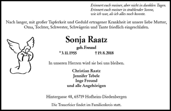 Traueranzeige von Sonja Raatz von vrm-trauer