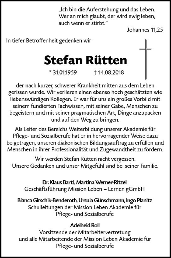  Traueranzeige für Stefan Rütten vom 18.08.2018 aus vrm-trauer