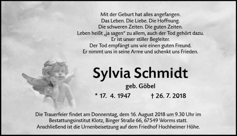  Traueranzeige für Sylvia Schmidt vom 14.08.2018 aus vrm-trauer