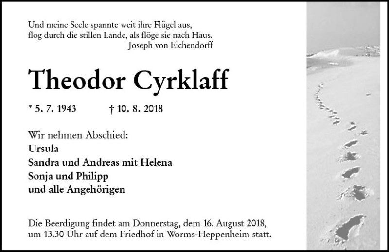  Traueranzeige für Theodor Cyrklaff vom 14.08.2018 aus vrm-trauer